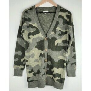 Lucky Brand Sweater Women's Sz S Green Camouflage Wool Blend Button Up Cardigan